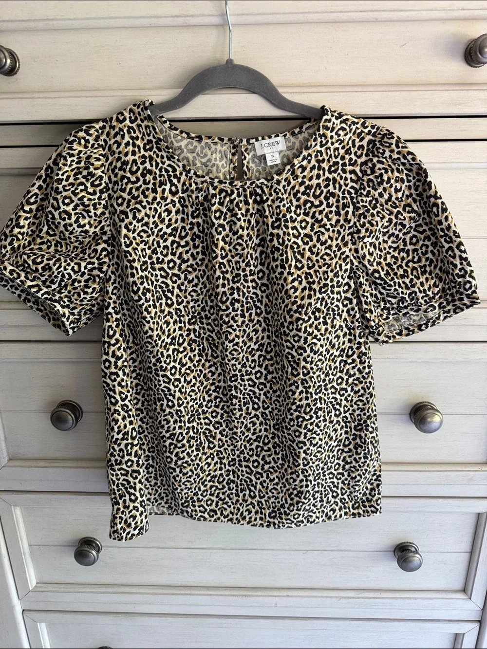 J. Crew Leopard Print Short Puff Sleeve Blouse in Beige and Black SZ Small